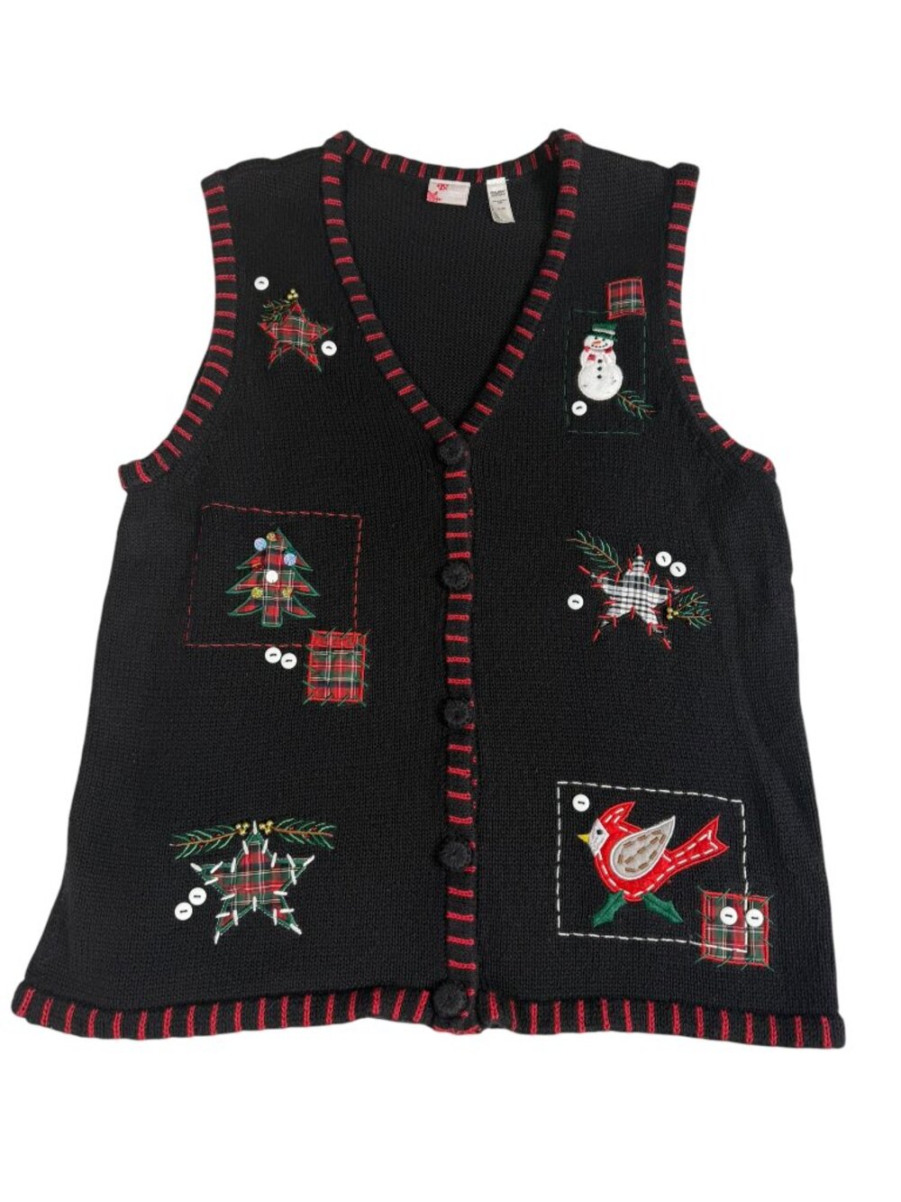 Holiday Editions XL Christmas Sweater Vest Black Plaid Applique Beaded Cardinal